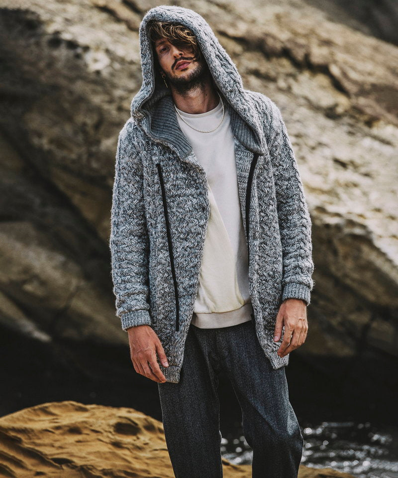 Changing knit fly front hooded coat