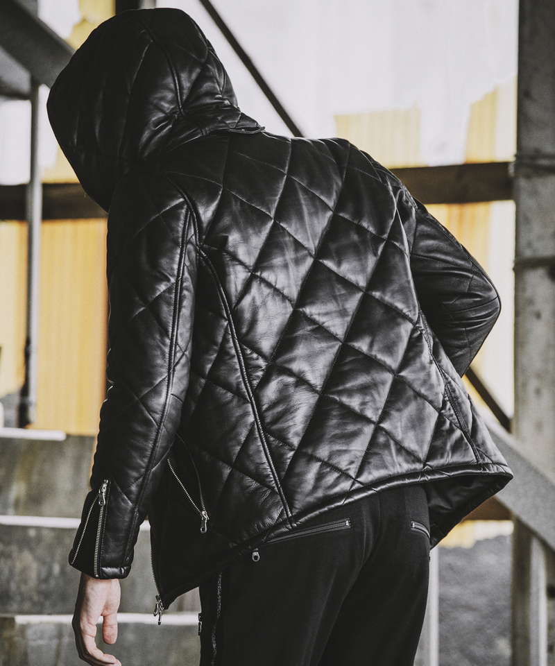 レザーキルティングパデットフーデッドBLZ