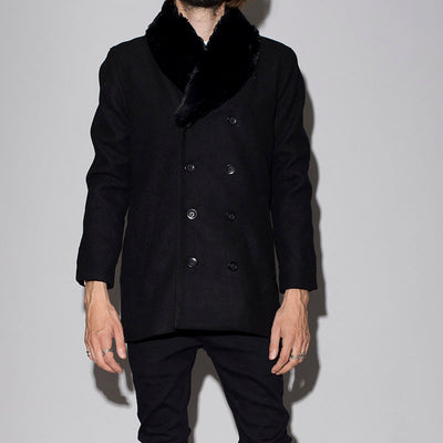 フェイクファーショールカラーウールダブルコート