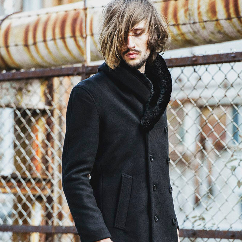 フェイクファーショールカラーウールダブルコート