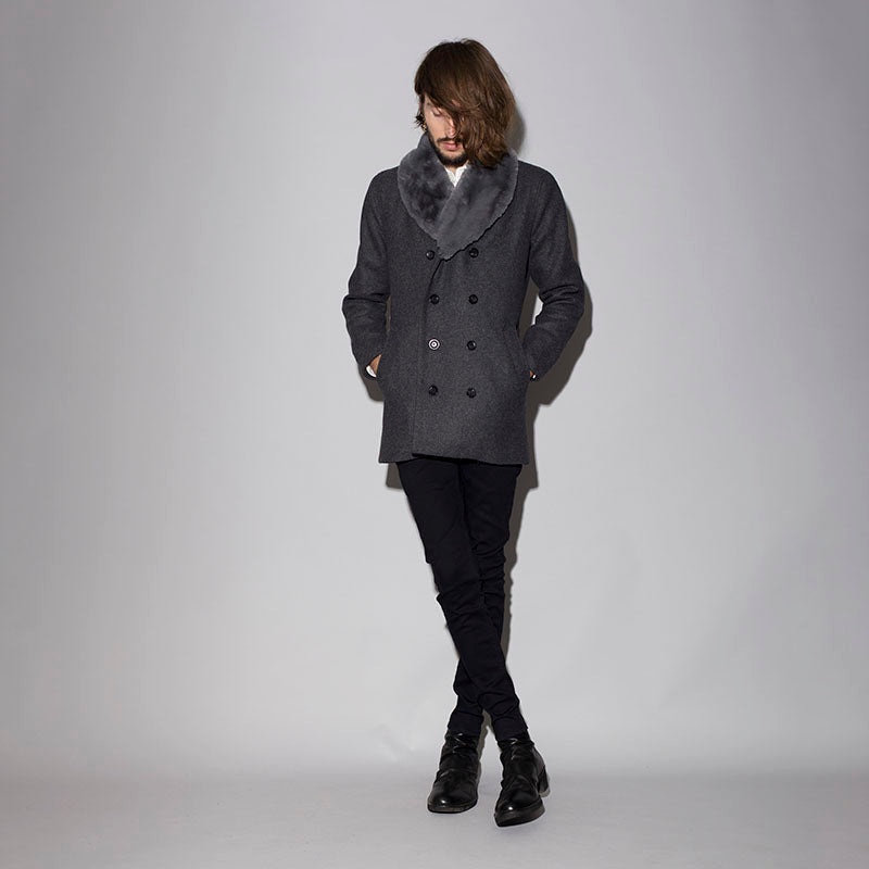 フェイクファーショールカラーウールダブルコート