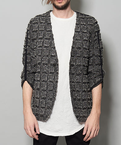 フリンジチェックノーカラー9分袖1B-JKT