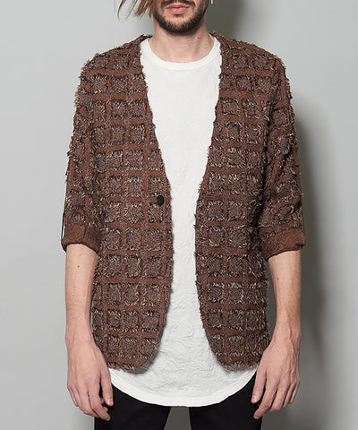 フリンジチェックノーカラー9分袖1B-JKT