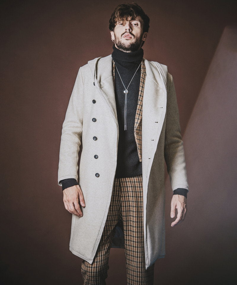 Piping hooded long coat