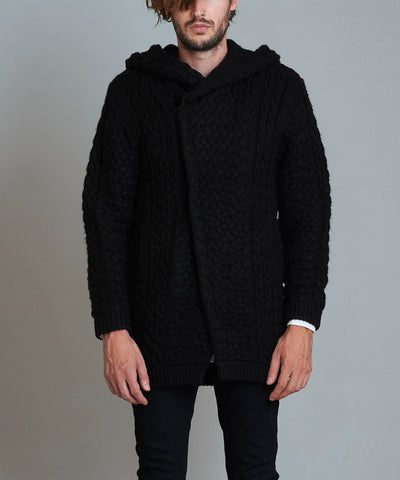 Changing knit fly front hooded coat