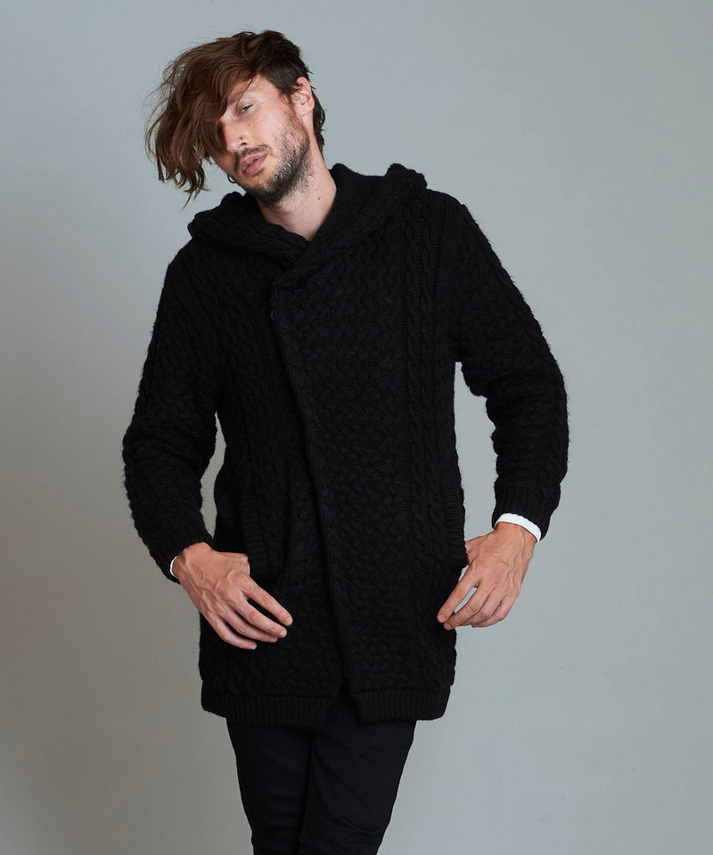 Changing knit fly front hooded coat