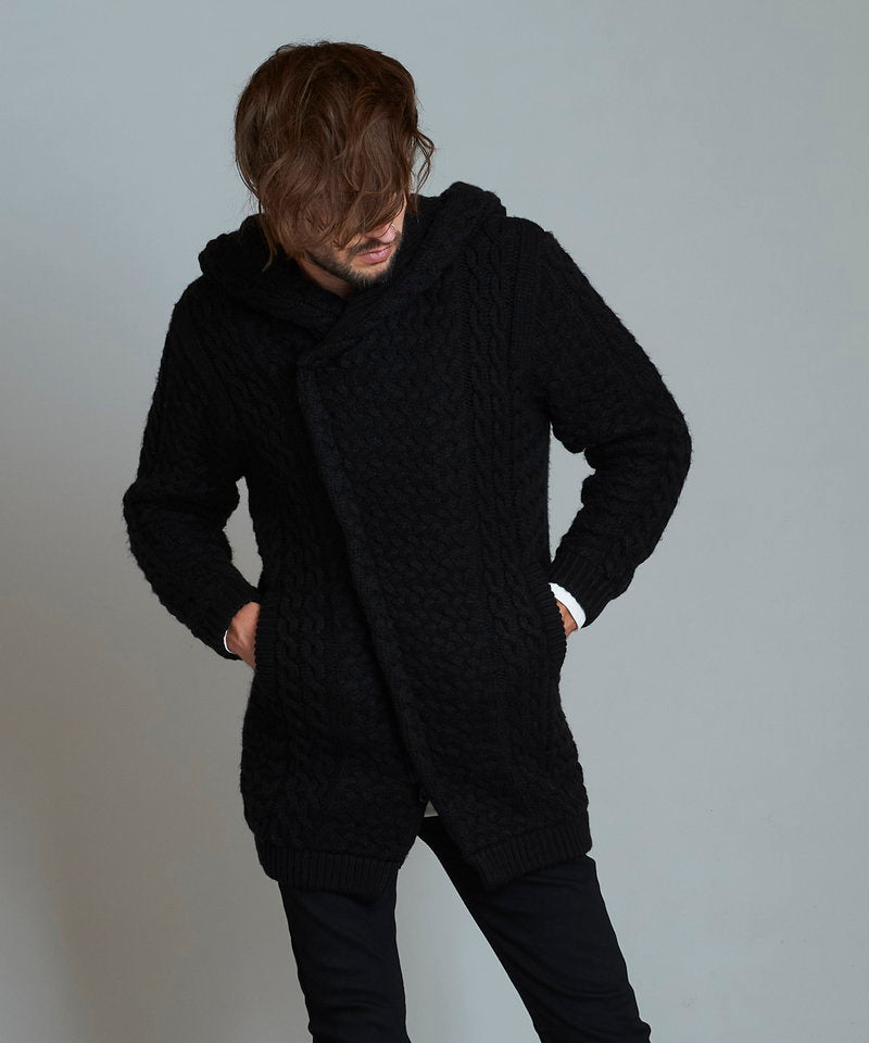 Changing knit fly front hooded coat