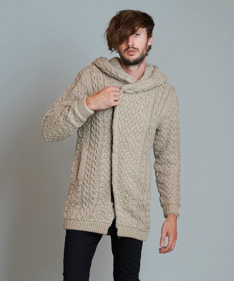 Changing knit fly front hooded coat