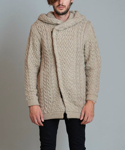 Changing knit fly front hooded coat