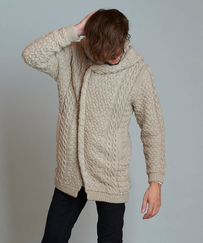 Changing knit fly front hooded coat