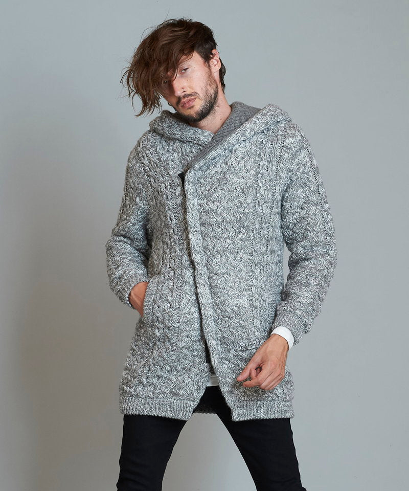 Changing knit fly front hooded coat