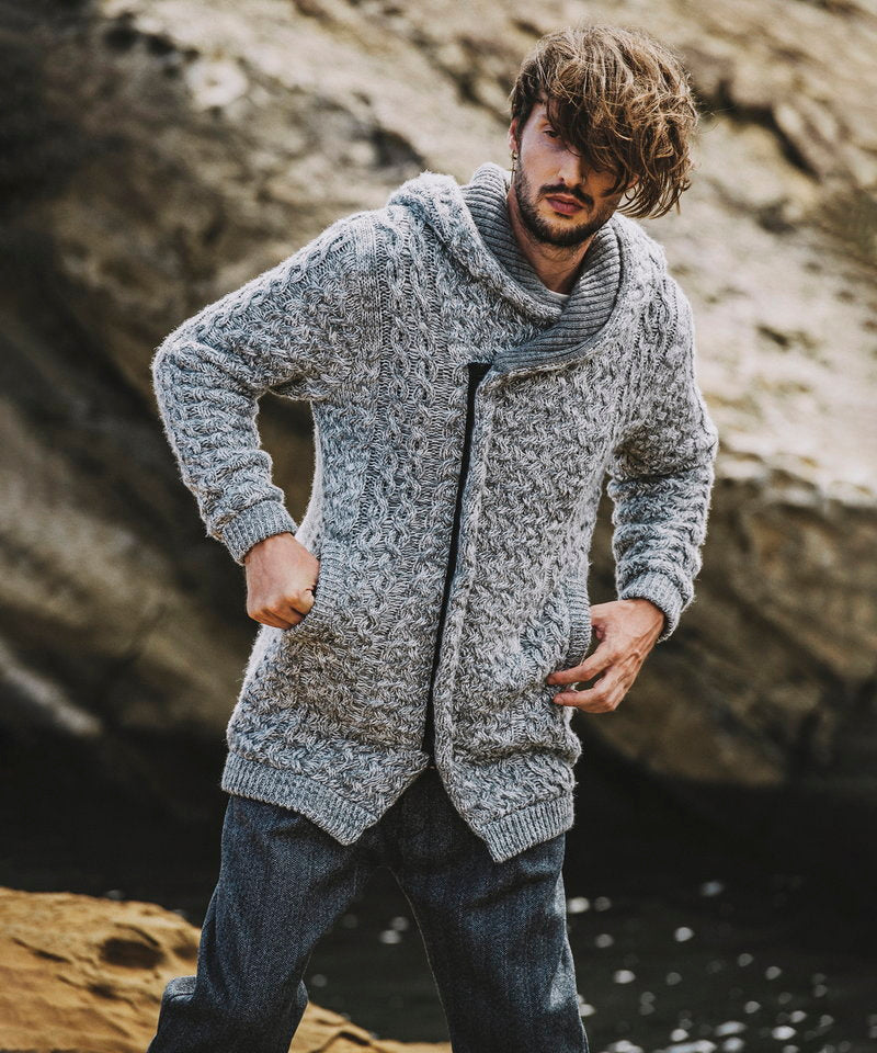 Changing knit fly front hooded coat