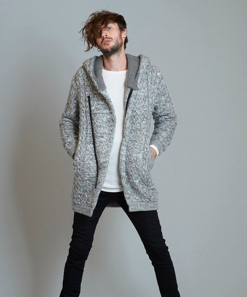 Changing knit fly front hooded coat