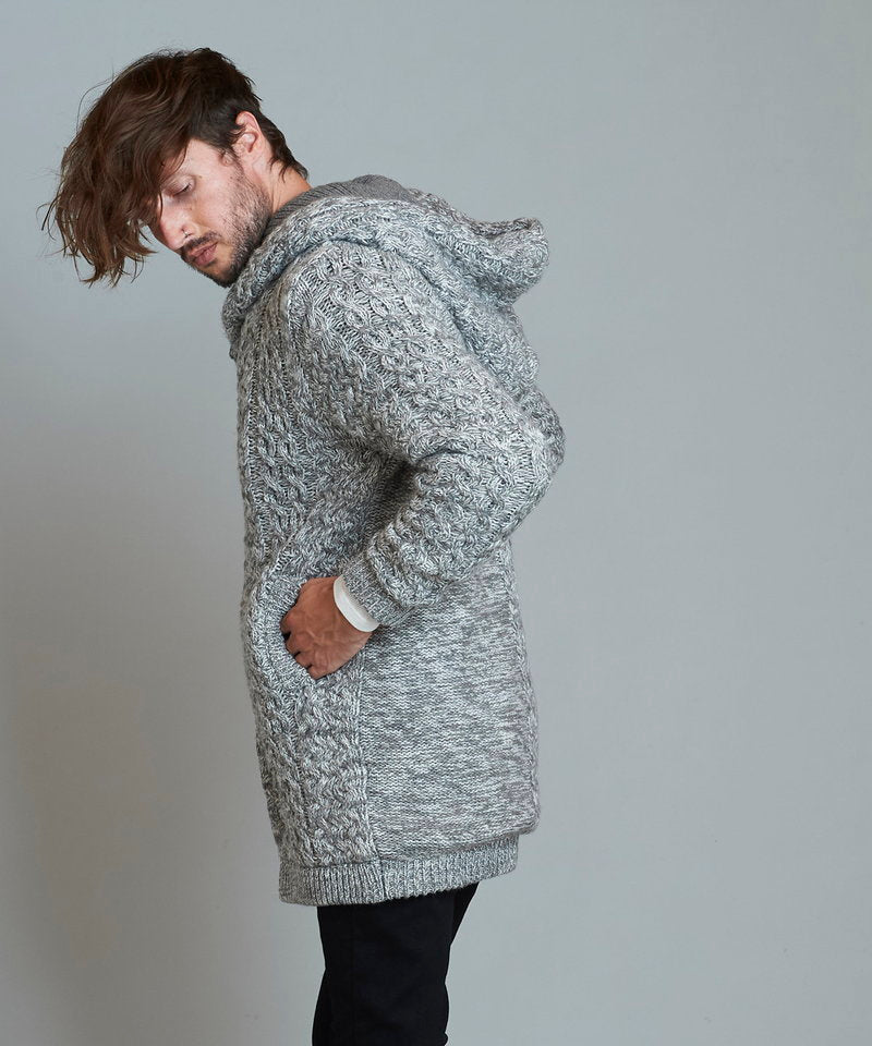 Changing knit fly front hooded coat