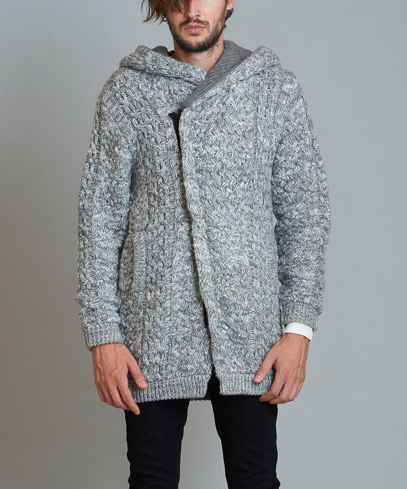 Changing knit fly front hooded coat