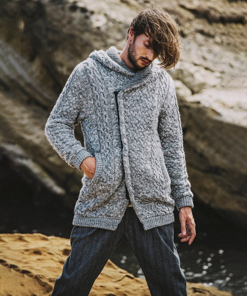 Changing knit fly front hooded coat