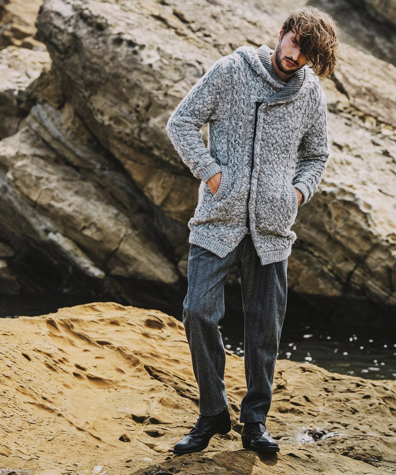 Changing knit fly front hooded coat