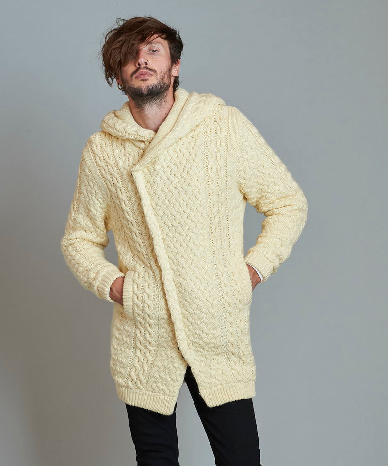 Changing knit fly front hooded coat