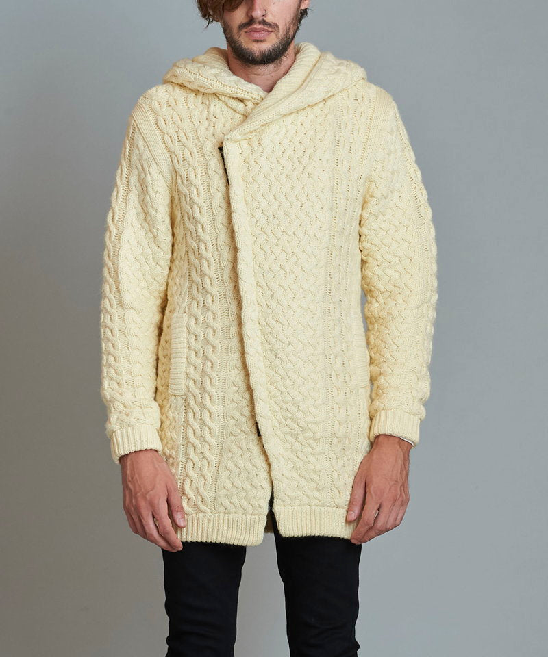 Changing knit fly front hooded coat