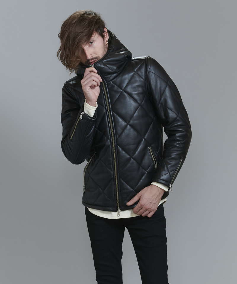 レザーキルティングパデットフーデッドBLZ