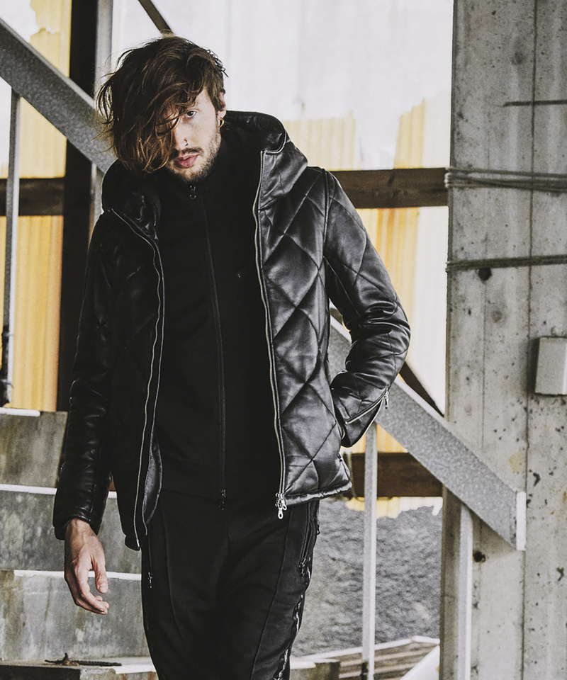 レザーキルティングパデットフーデッドBLZ