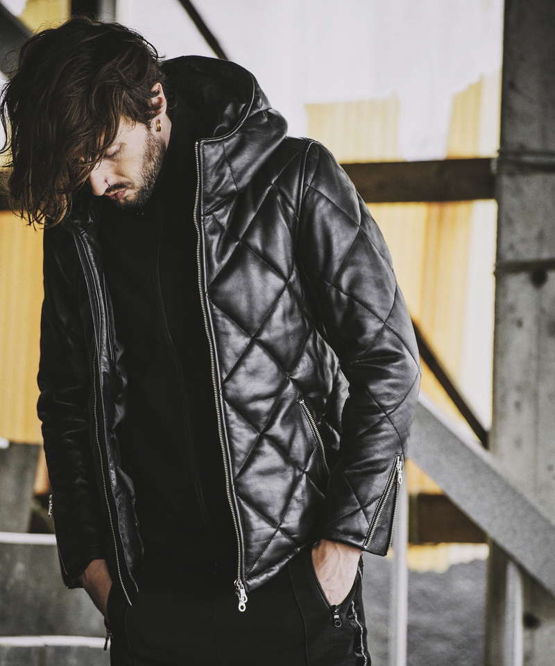 レザーキルティングパデットフーデッドBLZ