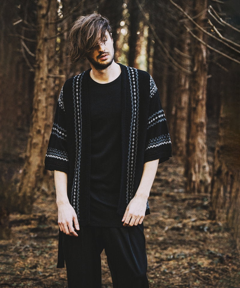 ネイティブパターンニットフレアスリーブガウン