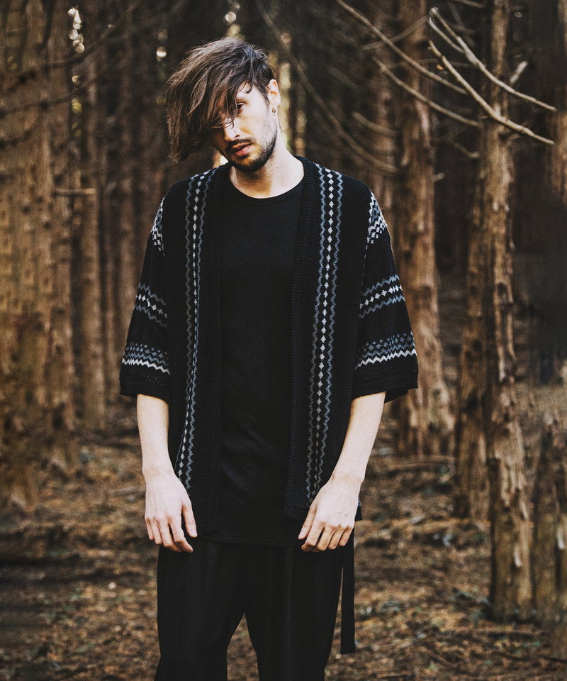 ネイティブパターンニットフレアスリーブガウン