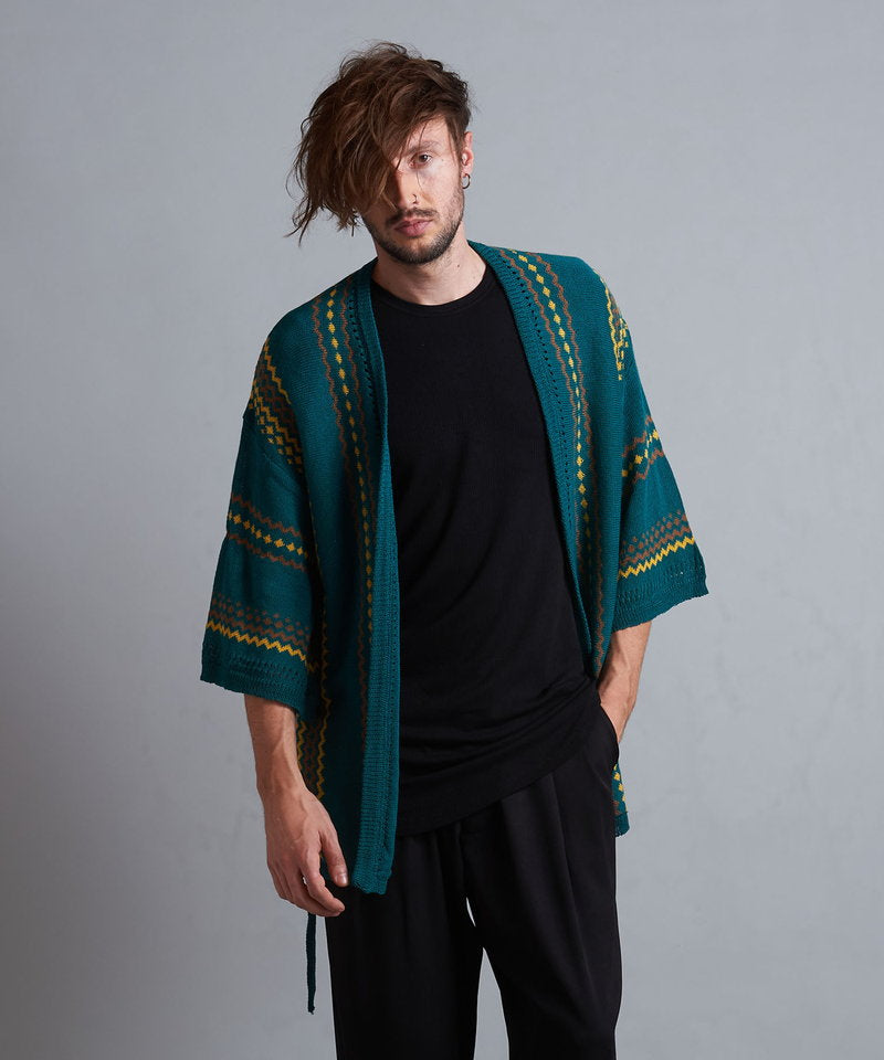 ネイティブパターンニットフレアスリーブガウン