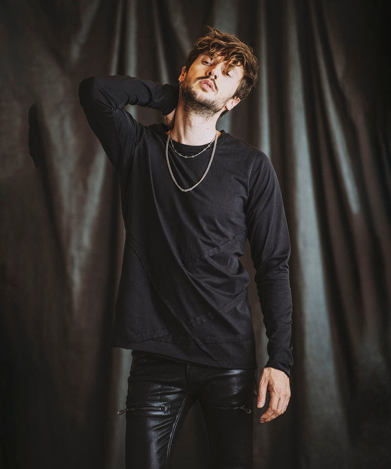 Random seam cut off C/N long sleeve T-shirt