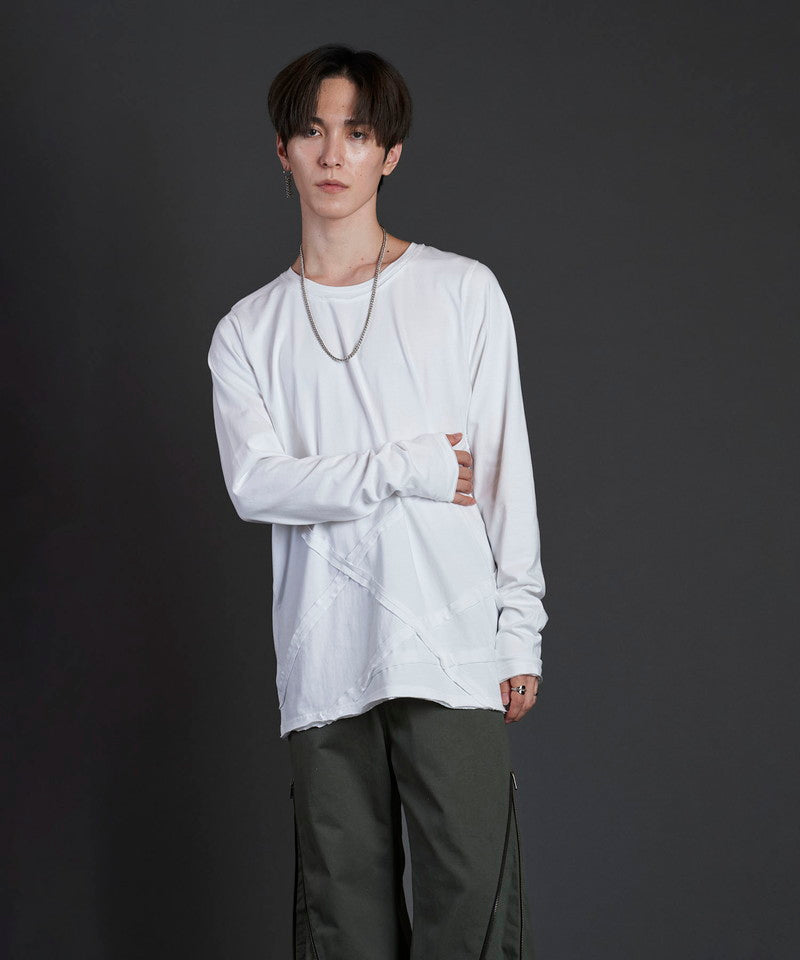 Random seam cut off C/N long sleeve T-shirt