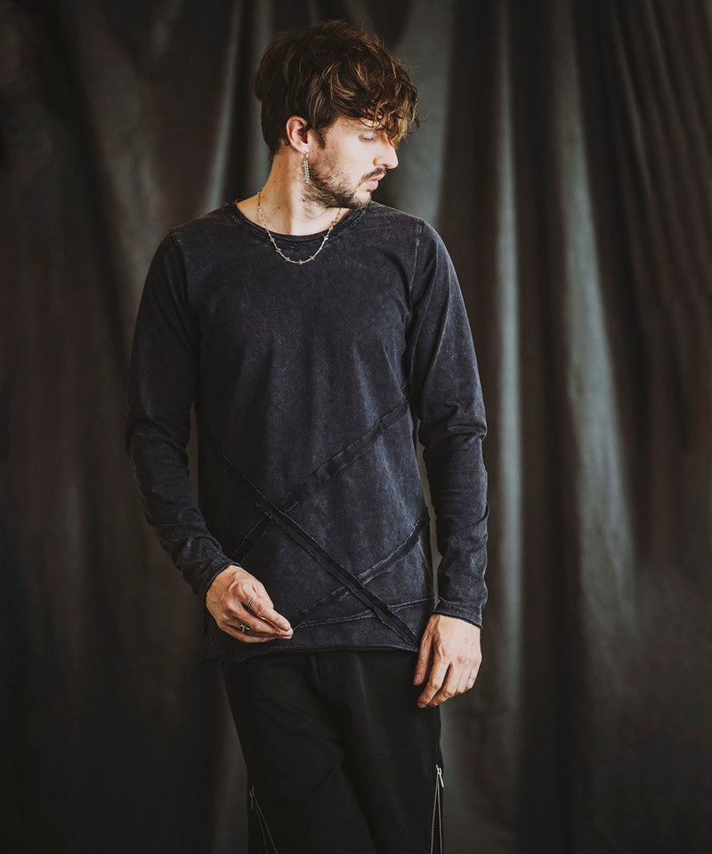 Random seam cut off C/N long sleeve T-shirt